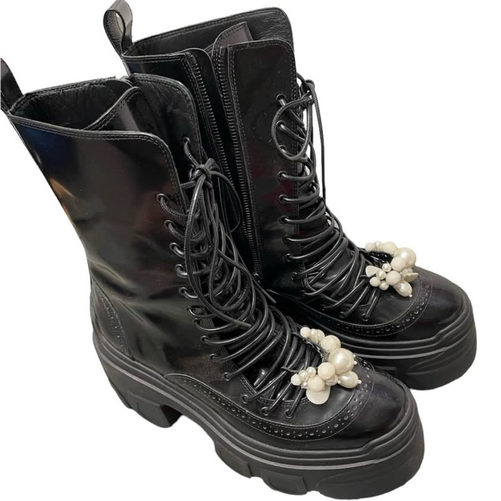 Simone Rocha Black Combat Boots with Pearl Accents
